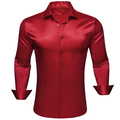 maoxiangshop Luxury Shirts for Men Silk Satin Solid Plain Red Green Yellow Purple Slim Fit Male Blouses Turn Down Collar Casual Tops