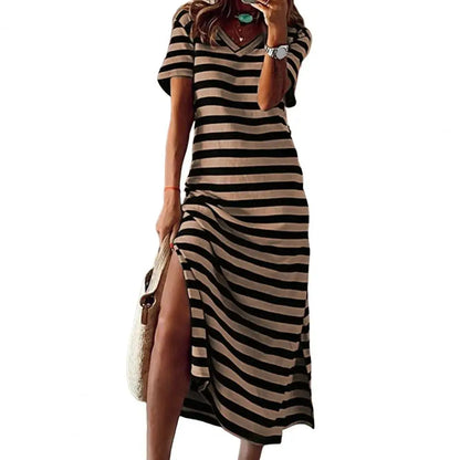 maoxiangshop Summer Dresses Woman Plus Size Dresses For Women Casual Stripe Print V-neck Short Sleeve Loose Long Dress Robe Femme