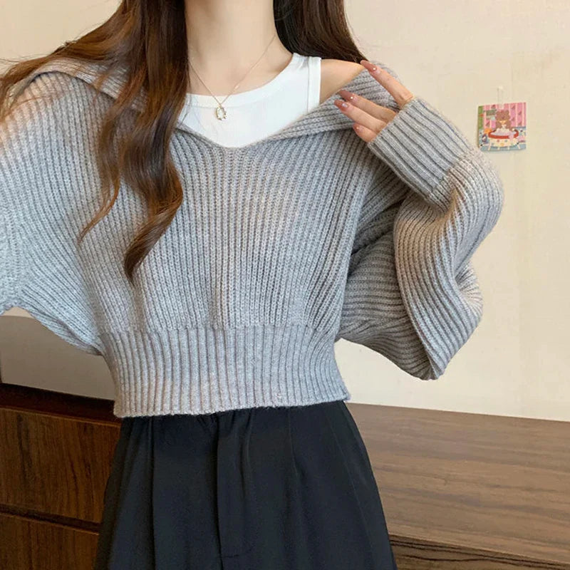 maoxiangshop Rimocy Long Sleeve Cropped Sweater Women Autumn Winter Turn Down Collar Knitted Jumper Woman Korean Style Solid Color Jerseys