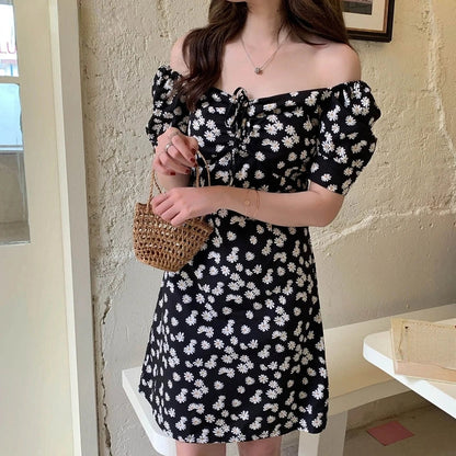 maoxiangshop Women Chiffon Mini Dresses Summer Fashion Female Vestidos Skinny Print Floral Shirring Pleated Short Puffy Sleeve Casual Dress