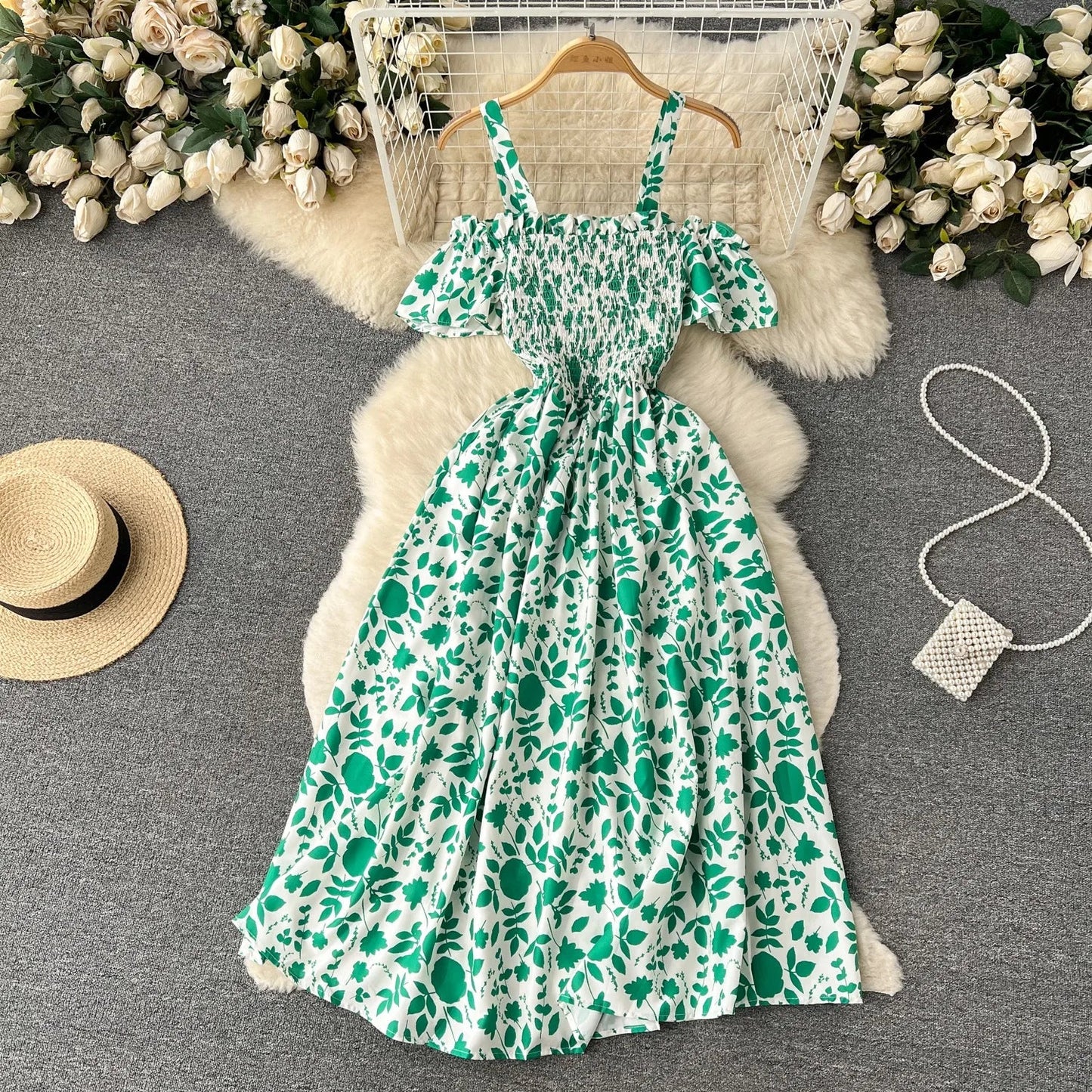 maoxiangshop Romantic Floral Print Long Summer Dress Women Fashion Off Shoulders Straps Vacation Beach Dress Korean Party Vestidos