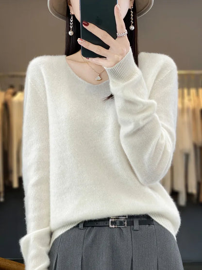 maoxiangshop Pure Wool V-Neck Sweater Women's Short Autumn And Winter All Loose And Thin Pullover Sweater Base Shirt Solid Color Authentic