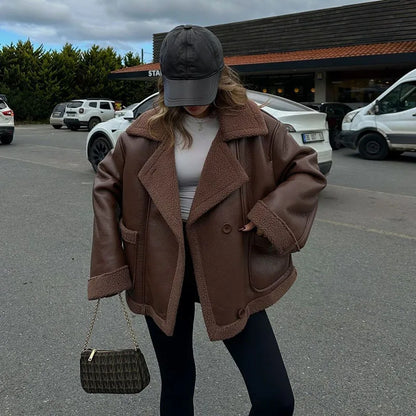 maoxiangshop  -  Plush Patchwork Lapel PU Leather Jackets Women Casual Loose Long Sleeved Jacket Female Autumn Winter Chic High Street Outwears