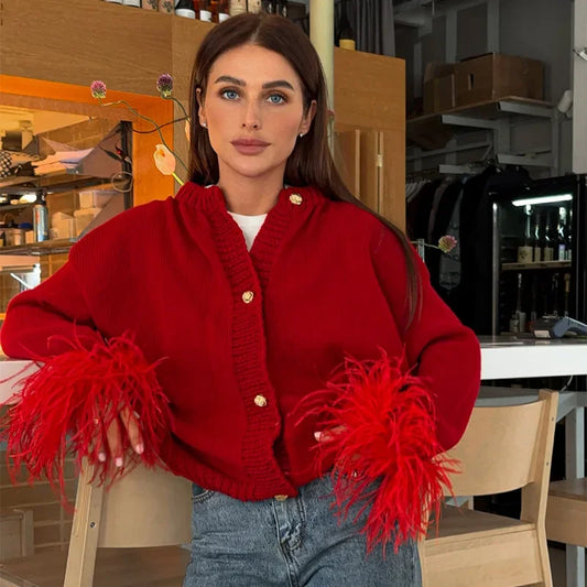 maoxiangshop  -  Knitted Feather Patchwork Cardigan For Women O-neck Long Sleeve Single Breasted Sweater Coats 2024 Autumn Lady Elegant Outweares