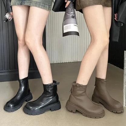 maoxiangshop  -  Autumn Winter Chunky Platform Boots Women Soft Leather Stretch Ankle Boots Fashion Belt Buckle Back Zip Design Knight Boots