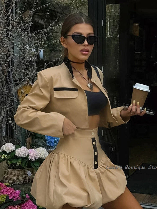 maoxiangshop  -  Khaki Women Street Fashion Suit Patchwork Crop Tops Shirts + Bud Skirts Two Pieces Sets Autumn 2024 Sexy Mini Skirts Outfit