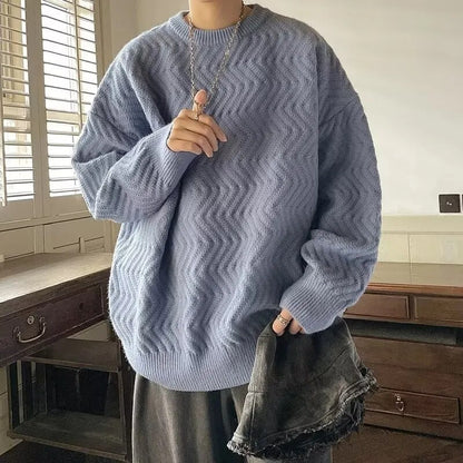 maoxiangshop Harajuku Mens Knitted Sweater Autumn Winter Tops Men Casual Clothes Crewneck Chunky Knit Cardigan Men Pullover Sweaters Shirts