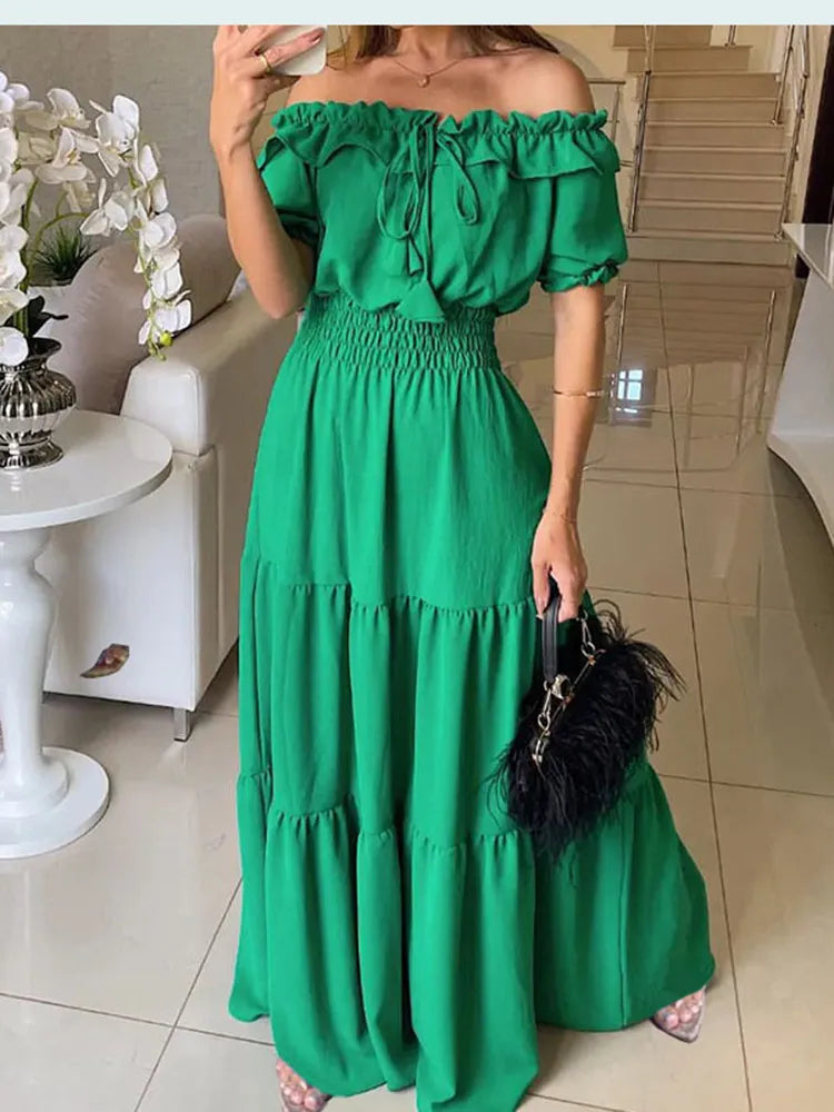 maoxiangshop Summer Boho Red Dress Fashion Short Sleeve Beach Long Dress Casual Loose Elegant Holiday Party Dresses For Women Robe Femme