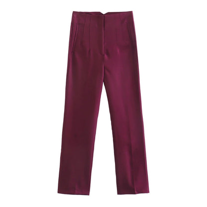 maoxiangshopWomen Light Blue Chic Fashion Office Wear Straight Pants Vintage High Waist Zipper Fly Female Trousers Fashion