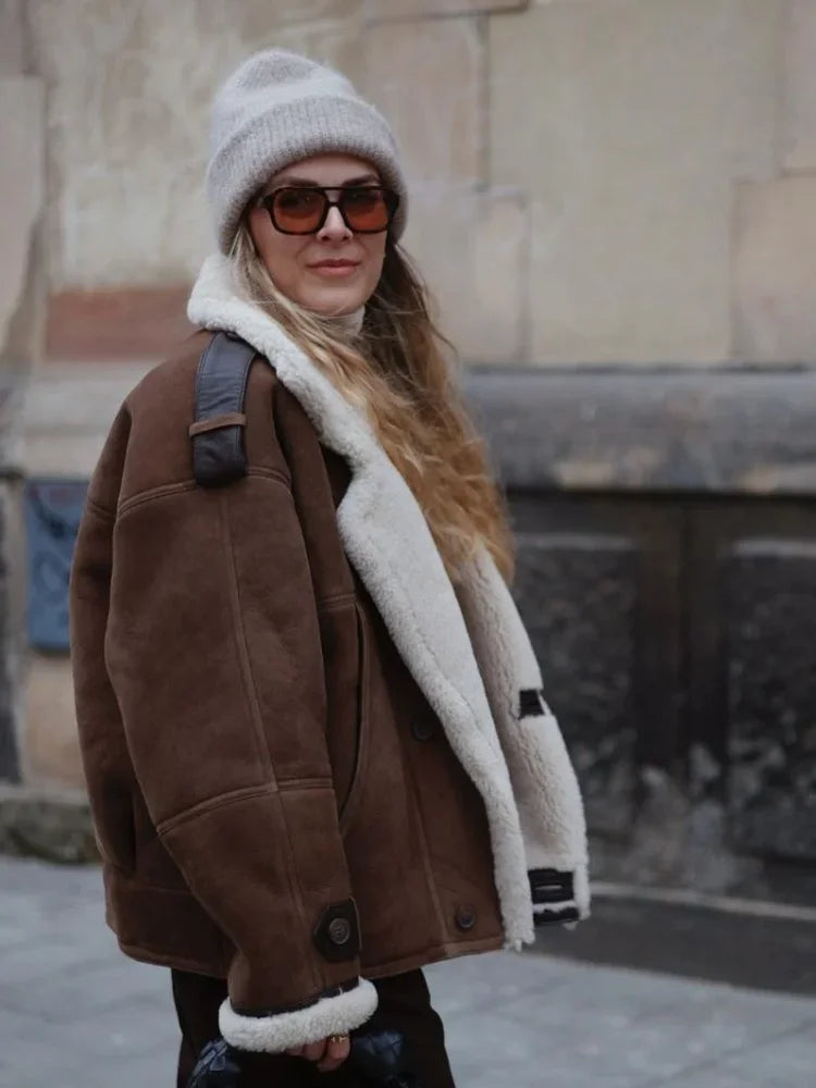 maoxiangshop  -  Winter Thick Faux Leather Spliced Jacket Women Casual Loose Long Sleeve Single Breasted Lapel Coat Winter Warm Street Streetwear