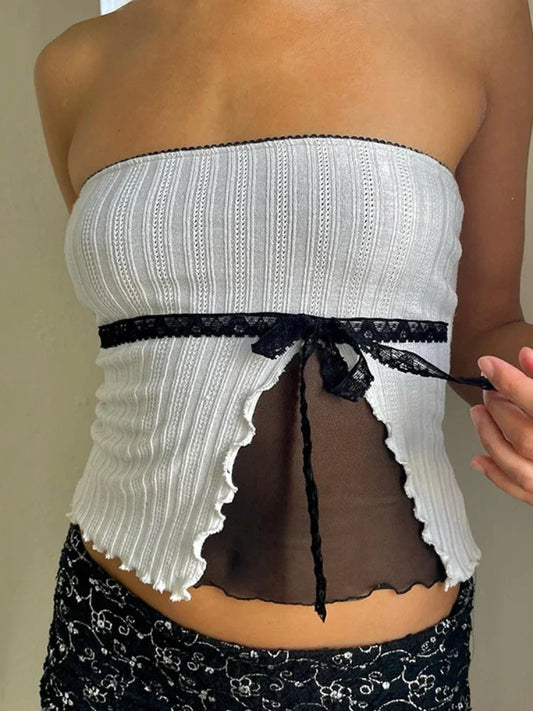 maoxiangshop  -  Splice Mesh Slim Crop Tops For Women Sleeveless Off Shoulder Sexy Backless Cute Top Ladies Bow Bandage Short Tees Femme