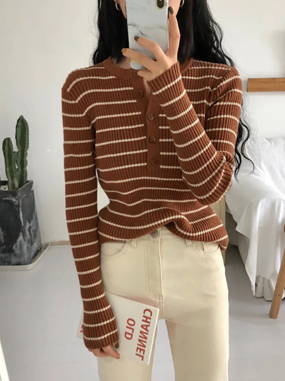 maoxiangshop Women T-shirts Elegant Stripes Knitted Tees Buttoned Up Long Sleeve Slim Women Knitted T-shirts Autumn Winter