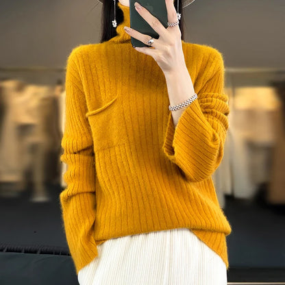 maoxiangshop Pure Mink Cashmere Sweater Women,High Pile Neck Knit Jumper,Wide Strip Large Size Long Sleeves,Autumn,Hot Sale