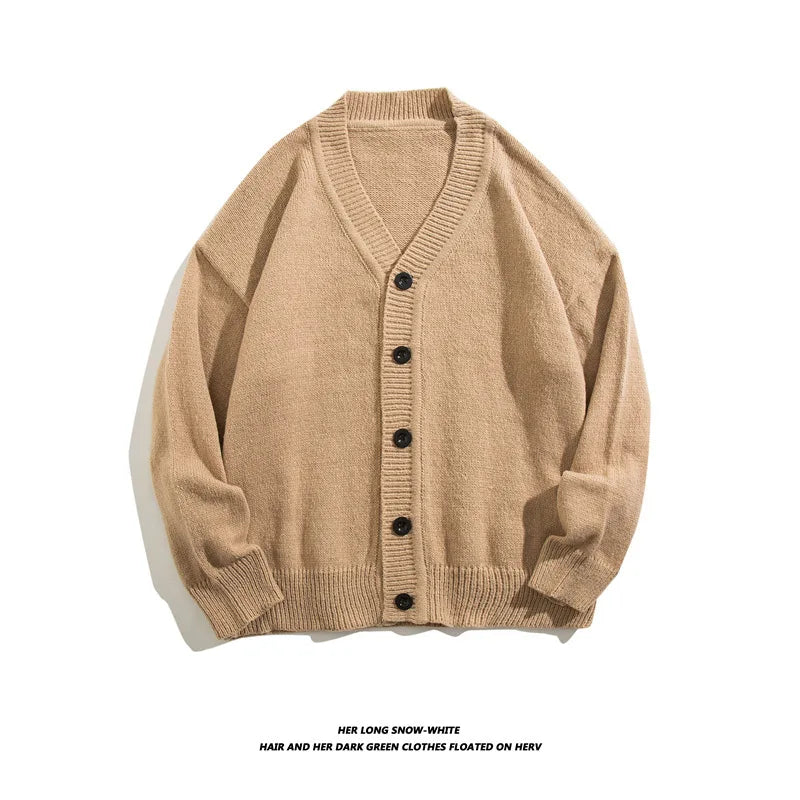 maoxiangshop Autumn Winter Men Casual V-Neck Cardigan Sweaters Solid Color Long Sleeve Outerwear Single-breasted Male Loose Knitted Coats
