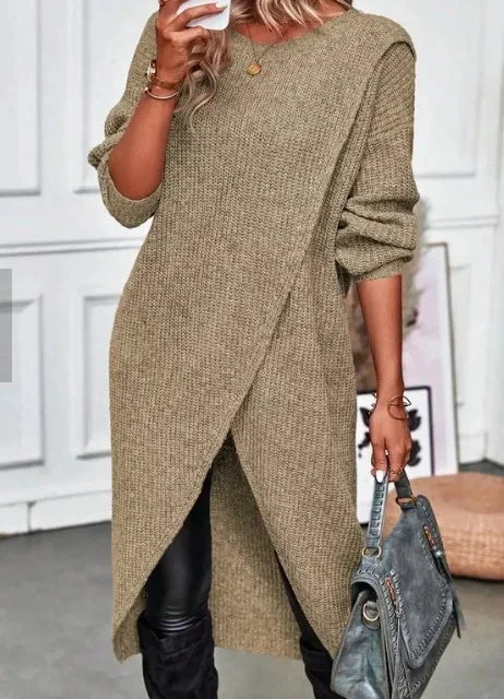 maoxiangshop Long Knitted Sweater Women Gray Pullovers Autumn Winter Khaki Warm Fur Jumpers Maxi Y2k E-girl Jumper Work Sueter Mujer