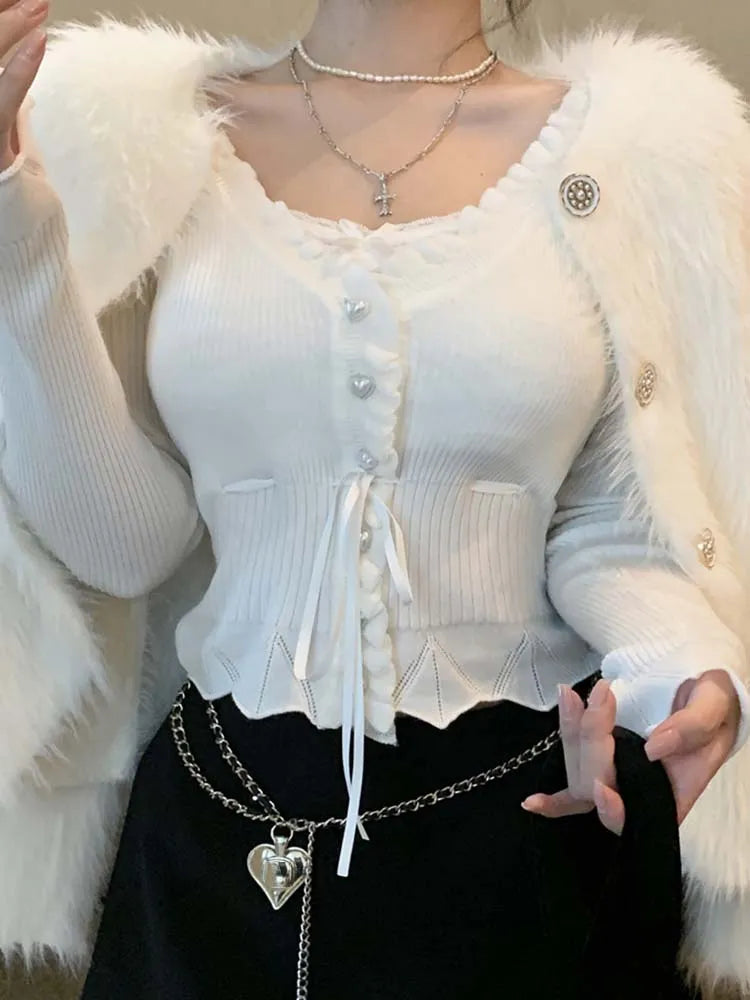 maoxiangshop Sweet Ruffles Knitted Sweater Women Korean Fashion Hotsweet Skinny Cardigan Female Lace Patchwork Drawstring Fake Two Pieces Top