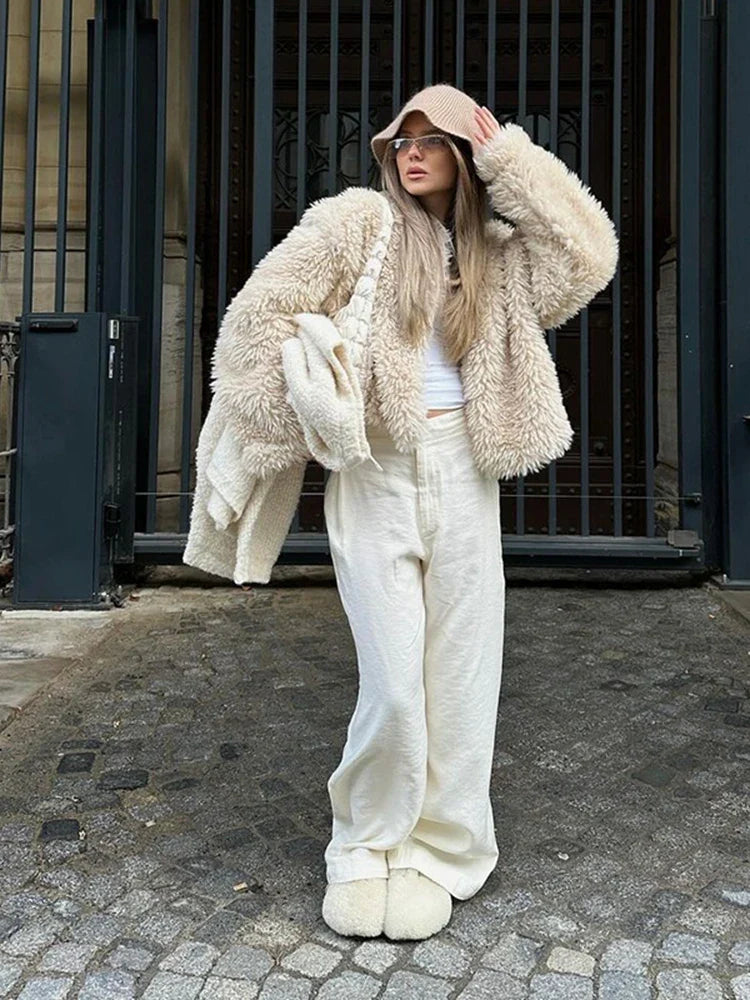 maoxiangshop -  Winter Loose Artificial Fur Jacket Women Fashion O Neck Long Sleeve Plush Warm Coat Autumn Chic Office Lady Thick Gary Outerwear