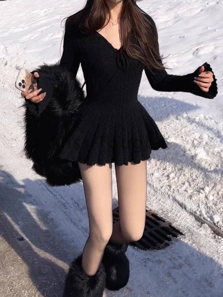 Winter Korean Style Sexy Knit New One Piece Dress Women V Neck Vintage Elegant Mini Dress Female Ball Gown Designer Clothes 2023