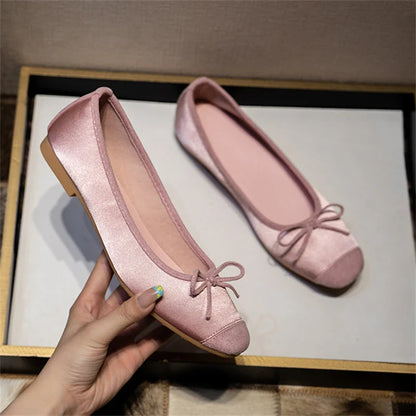 maoxiangshop  -  Breathable Silk Ballerinas Ballet Flats Women Summer Autumn Slip on Loafers Square Toe Bowknot Flat Casual Shoes