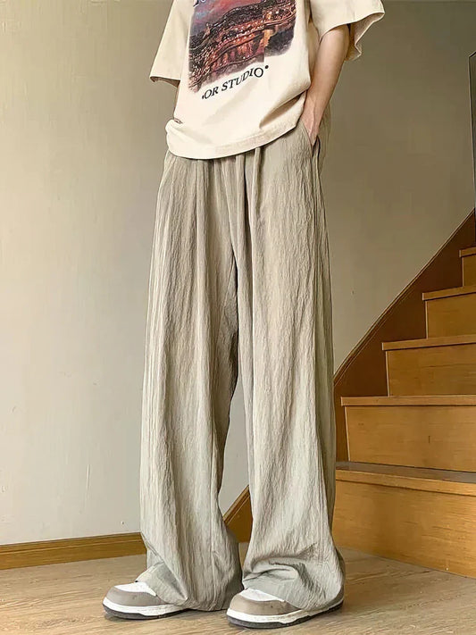 maoxiangshop Ice Silk Linen Straight Casual Pants Men Summer Thin Loose Wide Leg Straight Long Trousers Japanese Lazy Popular 2024 New
