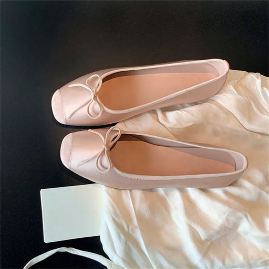 maoxiangshop  -  Breathable Silk Ballerinas Ballet Flats Women Summer Autumn Slip on Loafers Square Toe Bowknot Flat Casual Shoes