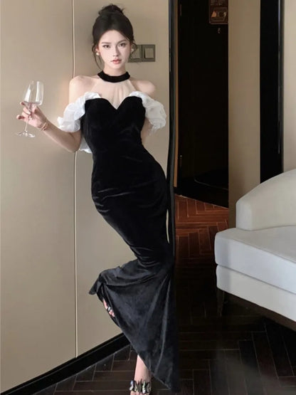 French Style Sexy Bodycon Velvet Long Dress Women Elegant Party Prom Black Vestidos Female Fashion Mesh Clothes Spring Autumn