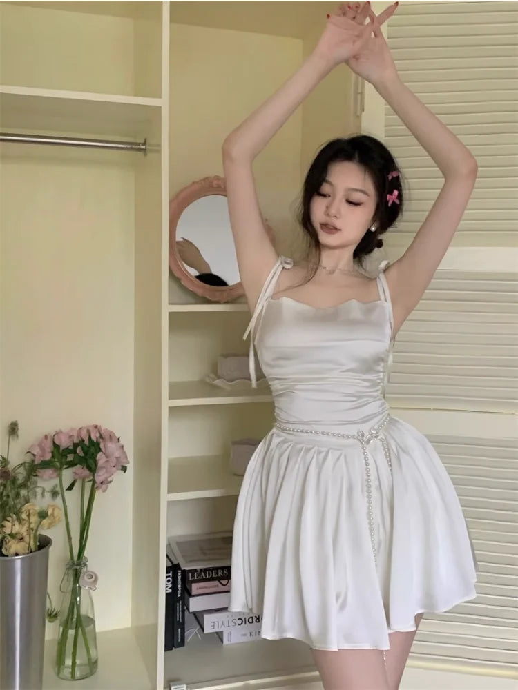 Korean Style One Piece White Satin Dress Women Y2k Fairycore Prom Gown Tunic Pleated Slip Mini Princess Dresses Summer