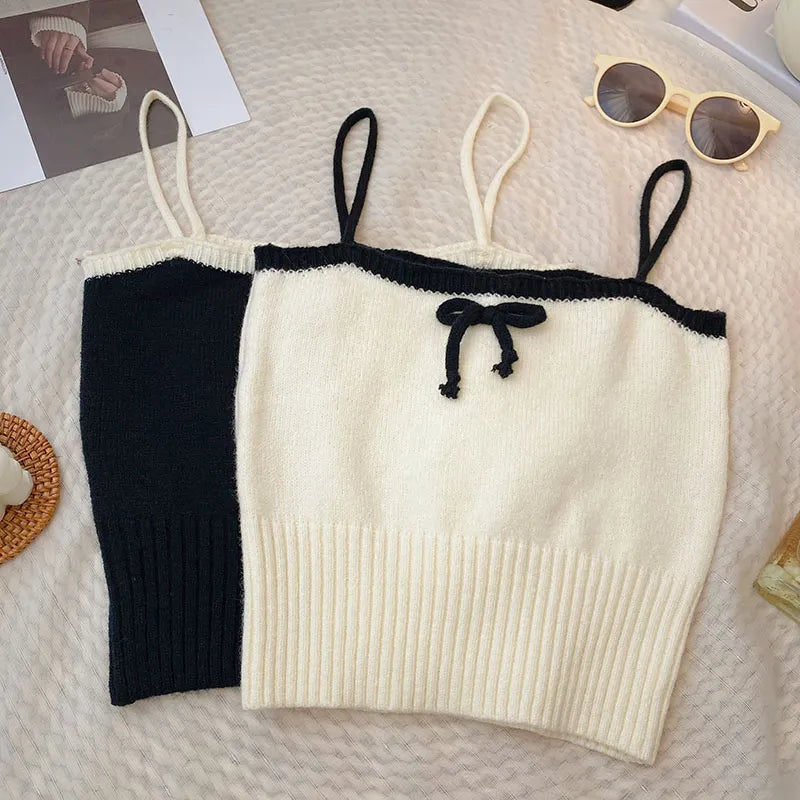 maoxiangshop Women Sexy Knitted Patchwork Crop Tops Spaghetti Strap Tank Top Off Shoulder Sleeveless Solid Camis For Women Summer