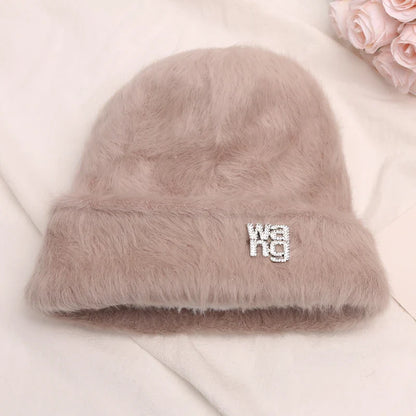 maoxiangshop New Fashion Rabbit Fur Y2k Beanies for Women Soft Warm Fluffy Angola Winter Hat Female Windproof Bonnet Hat Skullies Cap