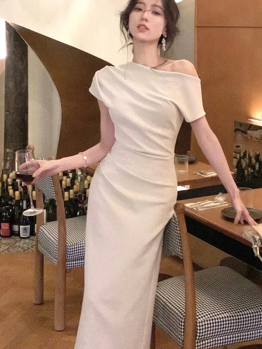 Women Elegant Solid Long Dress Summer Fashion Off Shoulder Chic Bodycon Evening Party Dresses Korean One Piece Clothing 2024