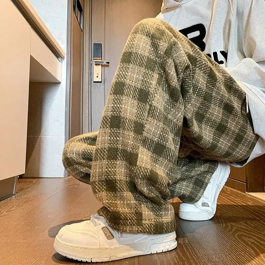 maoxiangshop Green Plaid Pants Men Harajuku Winter Wide Leg Checked Trousers Male Oversize Big Size Casual Sweatpants Streetwear 8XL
