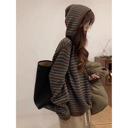 Vintage Hooded Sweater Women Harajuku Striped Knitted Pullovers Fall Winter Streetwear Long Sleeve Knitwear Korean Jumpers