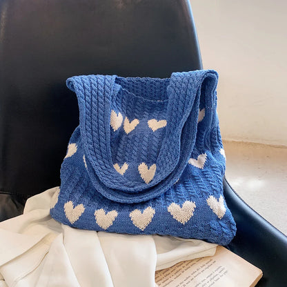 Fashionable Valentine's Day Solid Color Knitted Material with Heart shaped Decoration Open Top Women's One Shoulder Tote Bag