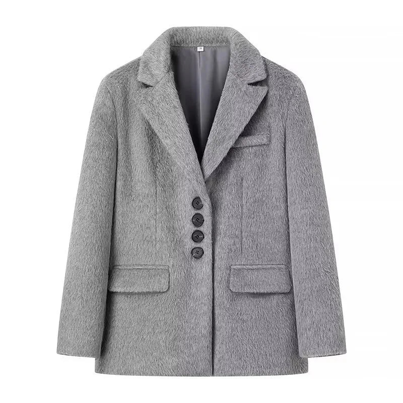 maoxiangshop  -  New Women's Collar Plush Jacket Elegant Loose Chic Coat Winter Thicken Fashion Office Ladies Warm Button Plush Jacket