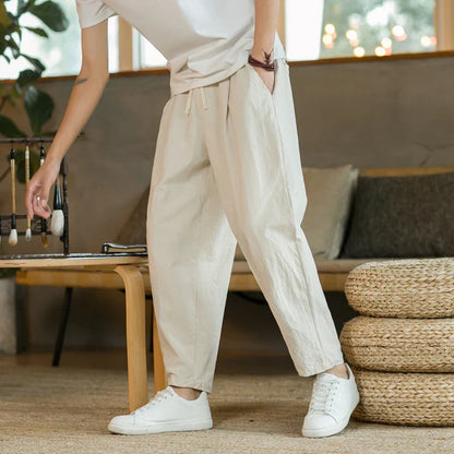 maoxiangshop Summer Men's Trousers Cotton Linen Fashion Casual Pants Solid Color Breathable Loose Shorts Straight Pants Streetwear M-5XL