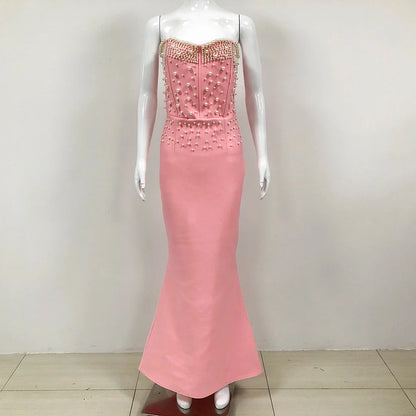 maoxiangshop 2024 Summer New Pink Women's Sexy Luxury Strapless Pearl Beaded Mermaid Bandage Long Dress Bodycon celebrity Party Evening Dress