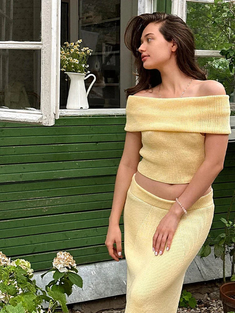 maoxiangshop  -  Elegant Knitted Slash Neck Suits With Long Elastic Skirts Women Autumn Sleeveless Knitting Tops Solid High Waisted Skirt Sets