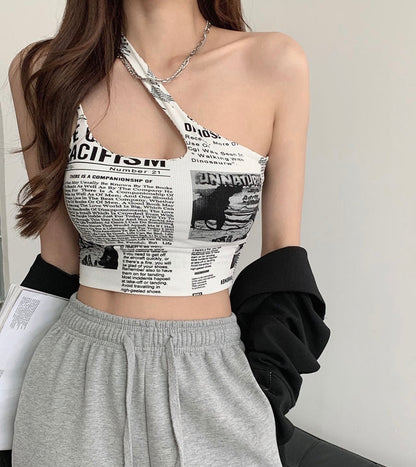 maoxiangshop irregular spaghetti strap tank top woman newspaper letter print wirefree bra camis for women camisole new trend