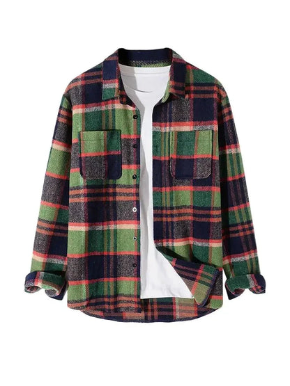 maoxiangshop Long Sleeve Shirt for Men Plaid Fuzzy Button Shacket Blouses Unisex Streetwear Overshirt Fall Winter Warm Shirt Tops
