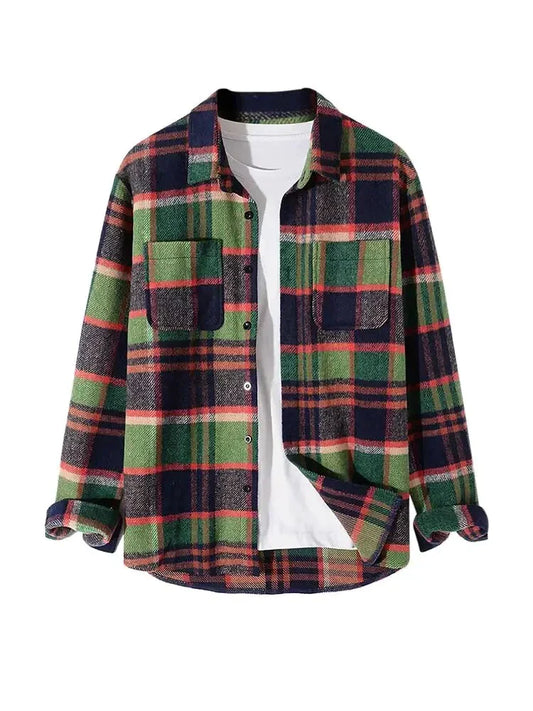 maoxiangshop Long Sleeve Shirt for Men Plaid Fuzzy Button Shacket Blouses Unisex Streetwear Overshirt Fall Winter Warm Shirt Tops
