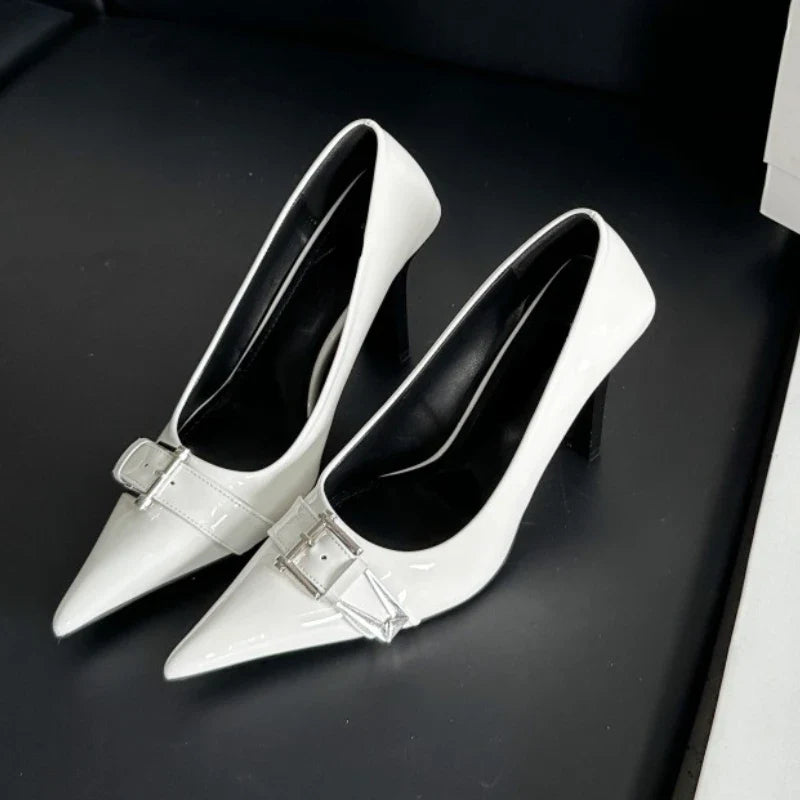 maoxiangshop  -  Patent Leather Sexy High Heels Women Metal Buckle Pointed Designer Pumps Female 2024 Fall Fashions Elegant Office Women Shoes