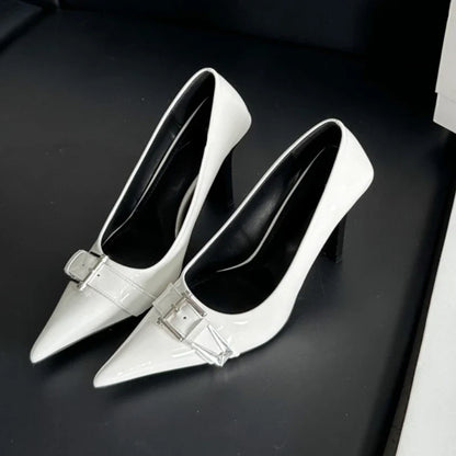 maoxiangshop  -  Patent Leather Sexy High Heels Women Metal Buckle Pointed Designer Pumps Female 2024 Fall Fashions Elegant Office Women Shoes