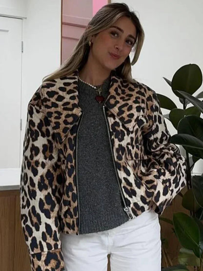 maoxiangshop  -  Women Casual Leopard Print Bomber Jacket Elegant Lapel Long Sleeves Zipper Pockets Loose Coat 2024 Autumn Lady High Streetwewar