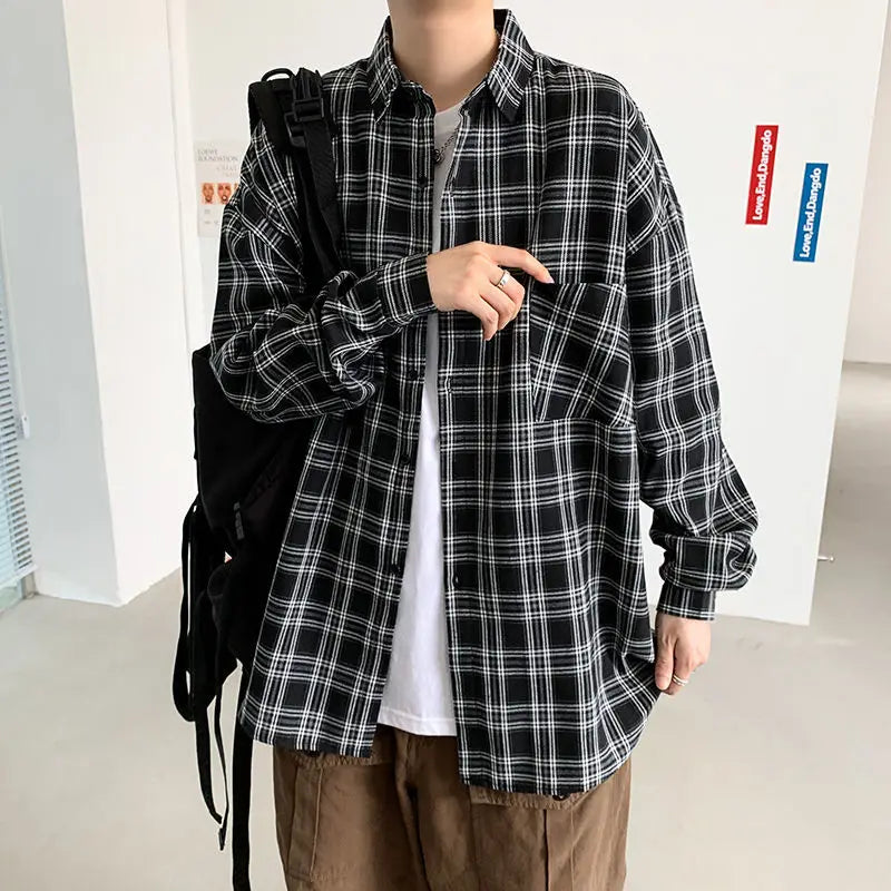 maoxiangshop Fashion Lapel Button Spliced Pockets Lattice Shirt Men's Clothing Spring New Loose Casual Tops Long Sleeve Korean Shirts