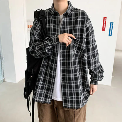 maoxiangshop Fashion Lapel Button Spliced Pockets Lattice Shirt Men's Clothing Spring New Loose Casual Tops Long Sleeve Korean Shirts