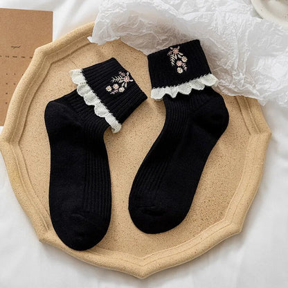 maoxiangshop Japanese Kawaii Cute Socks JK Lolita Lace Frilly Ruffle Socks Women Fashion Flower Embroidery Harajuku Retro Vintage Crew Socks