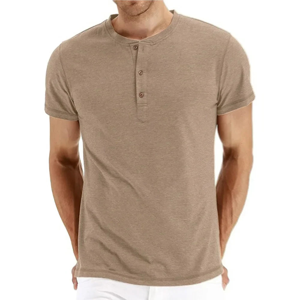 maoxiangshop Brand Quality Cotton Men T-shirt Henry Neck Fashion Design Slim Fit Solid T-shirts Male Tops Tees Short Sleeve T Shirt For Men