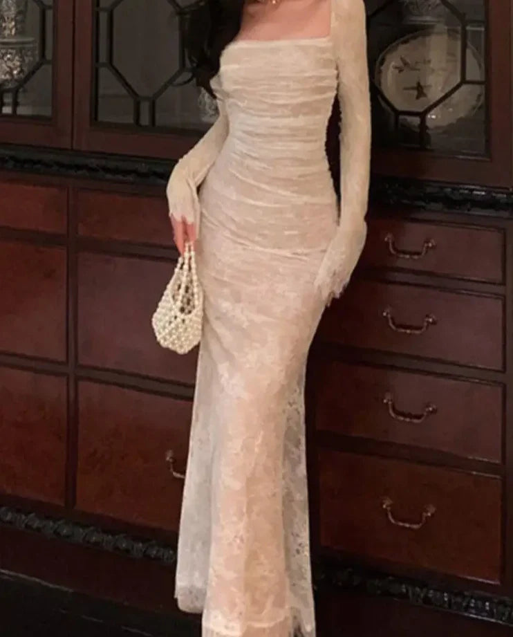 Vintage Elegant Bandage Mermaid Dress Spring Long Sleeve Lace Evening Party Prom Robe Women Casual Square Collar Vestidos Mujer