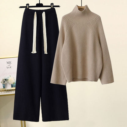 maoxiangshop Autumn Winter Warm Knitted Suit Women Long Sleeve Half Turtleneck Knitting Sweater And Wide Leg Pants Sets Outer Wear Loose Set