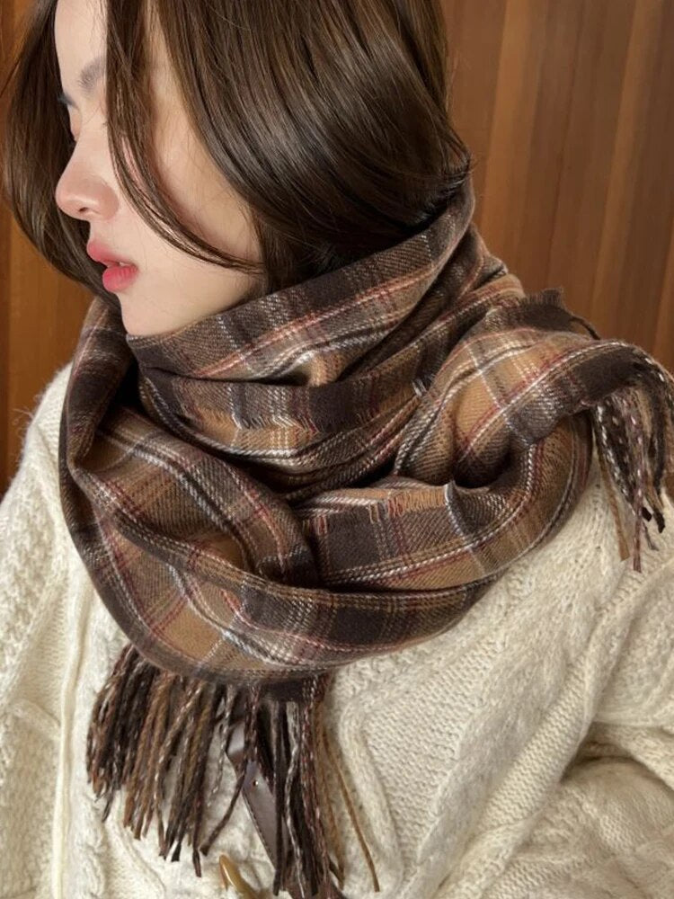 maoxiangshop New Imitation Cashmere Women Scarf Winter Preppy Style Vintage Plaid Scarve Pashmina Mujer Foulard Blanket Wrap Shawl Pareo